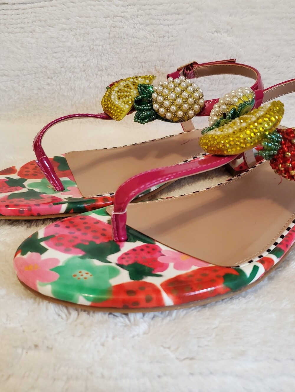 Betsey Johnson Pink Floral Beaded Thong Sandals with Fruit Accents